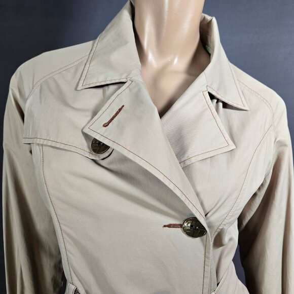 Y2K Miss Sixty Beige Trench Coat Size M Belted mid Length Jacket Double Breasted - Picture 6 of 12
